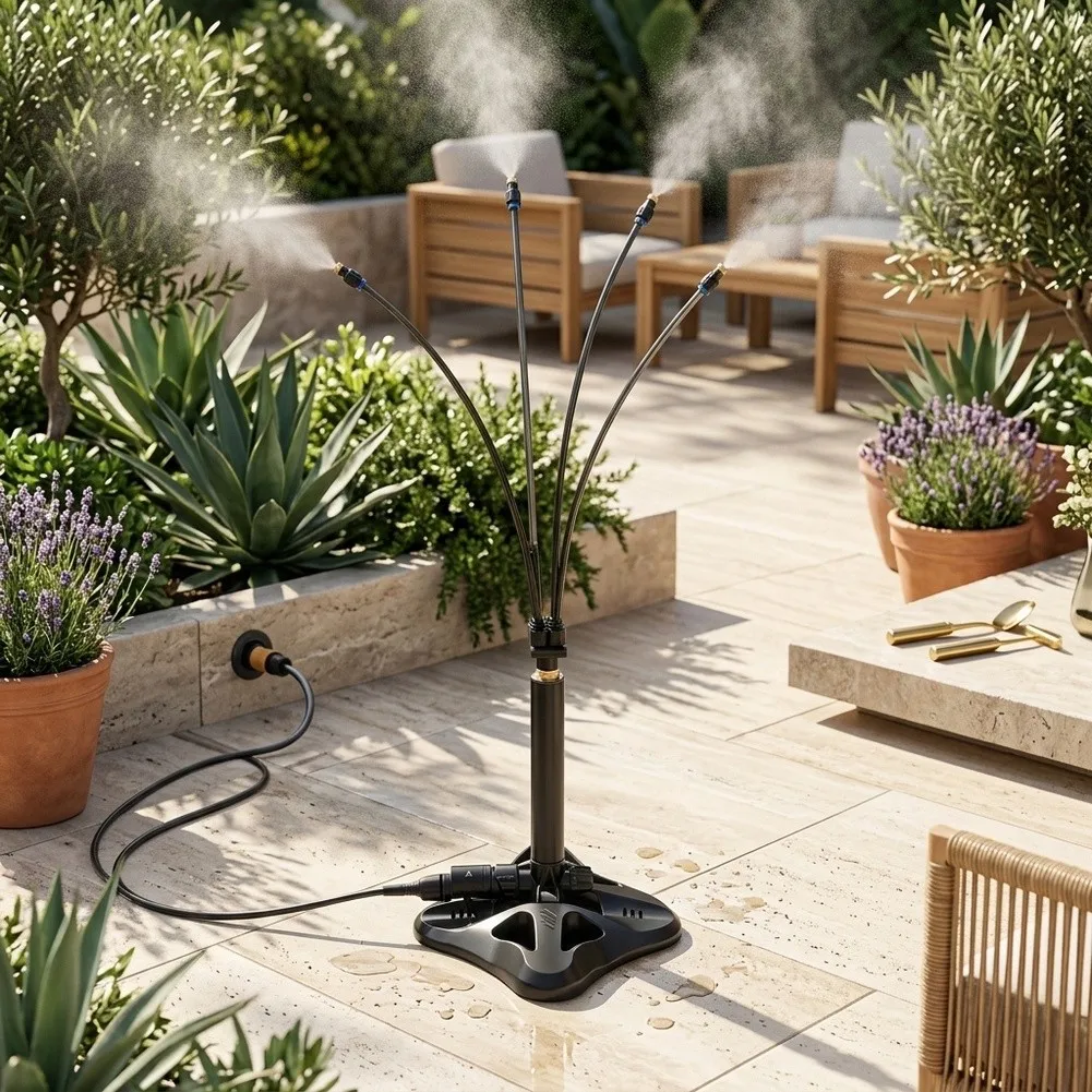 Standing Garden Cooling Spray System with Adjustable Atomizing Nozzles and 4 Bendable Shape Memory Brass-Tipped Tubes