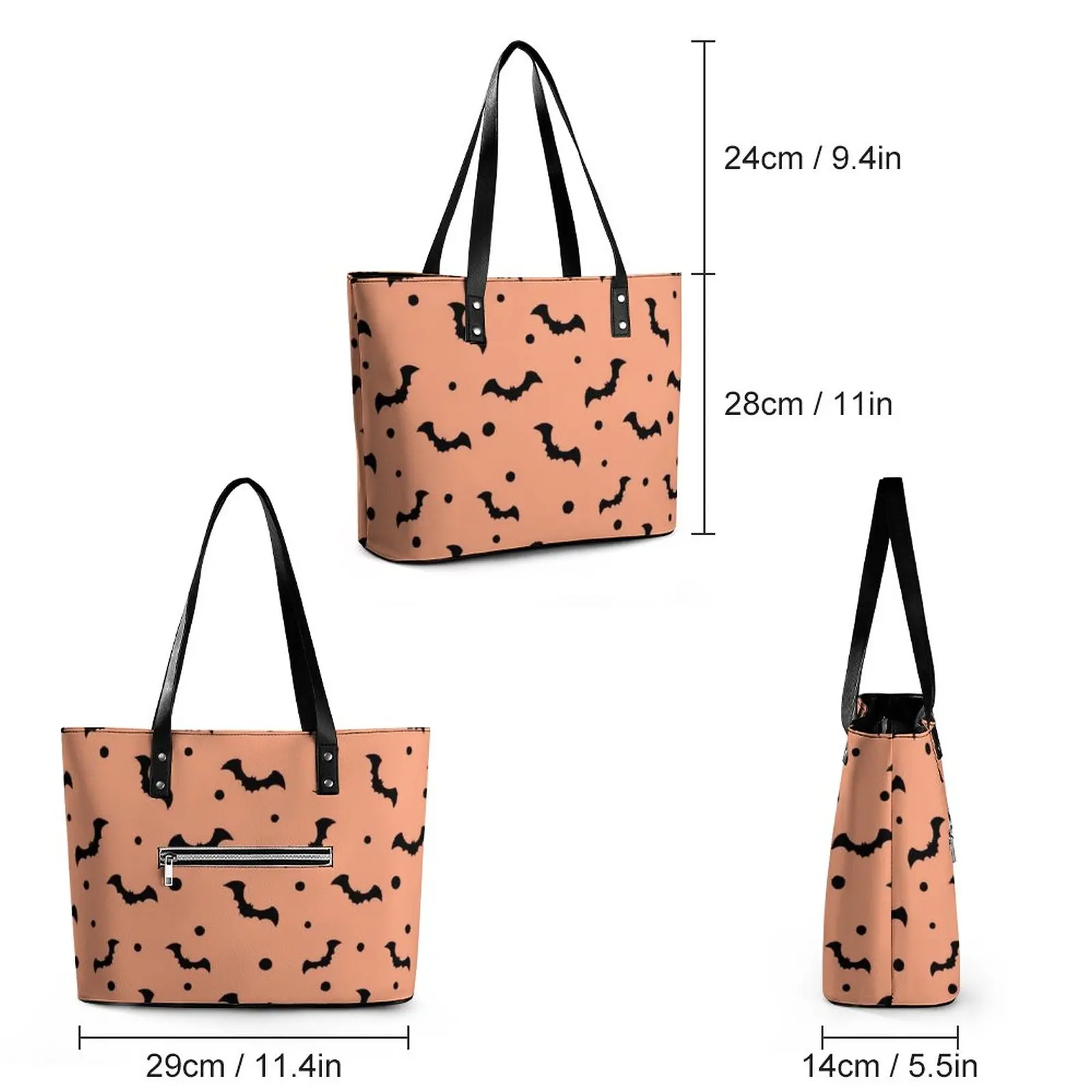 Flying Bat Handbags Black Bats Print Leisure Shoulder Bag Business PU Leather Tote Bag Women Belt Print Shopper Bags