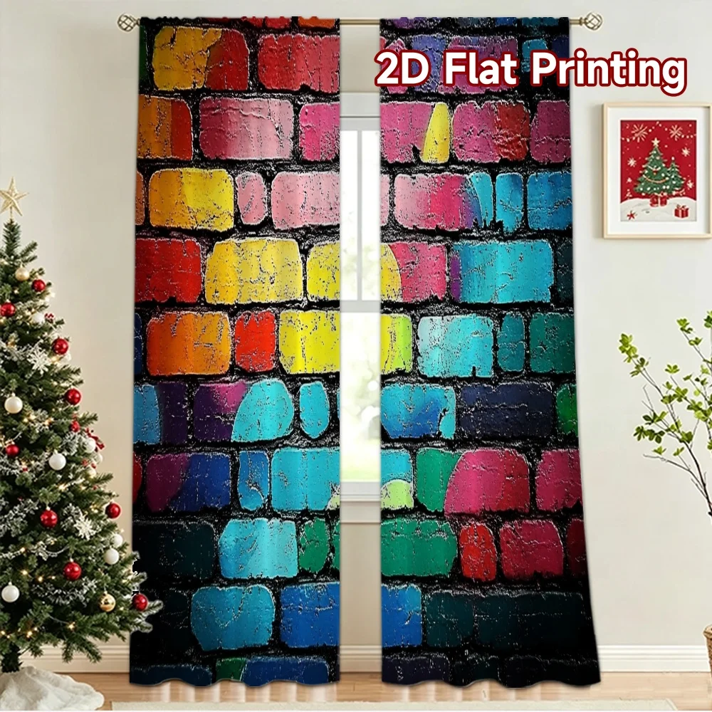 2D flat 2pcs Curtain Home Short Curtains Colorful Painted Brick Wall Digitally printed polyester, colorfast Party Decorations