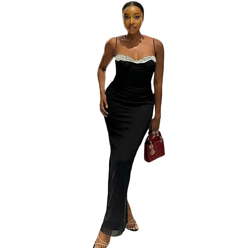 

Women's Lace & Gauze Spliced Halter Sleeveless Backless Long Dress, Hips Wrapped