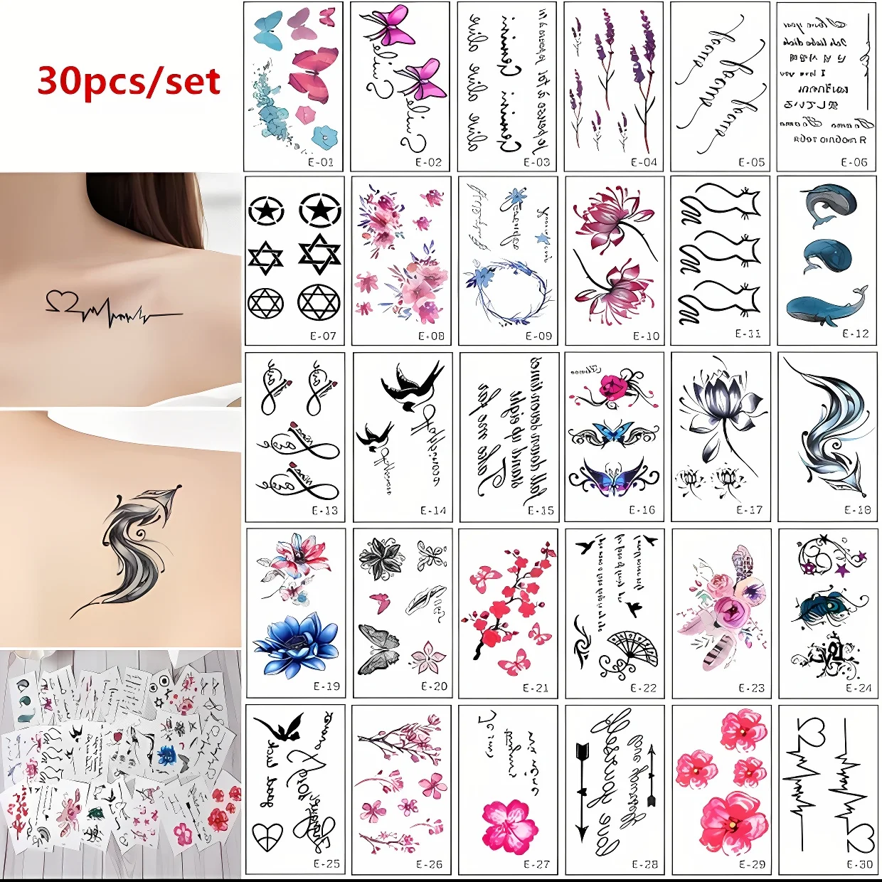 여성용 임시 문신 스티커, 꽃 편지, 가짜 문신, 방수 바디, 팔, 다리 손, Tatuajes Temporales, Nep Tatoeage, 30 개