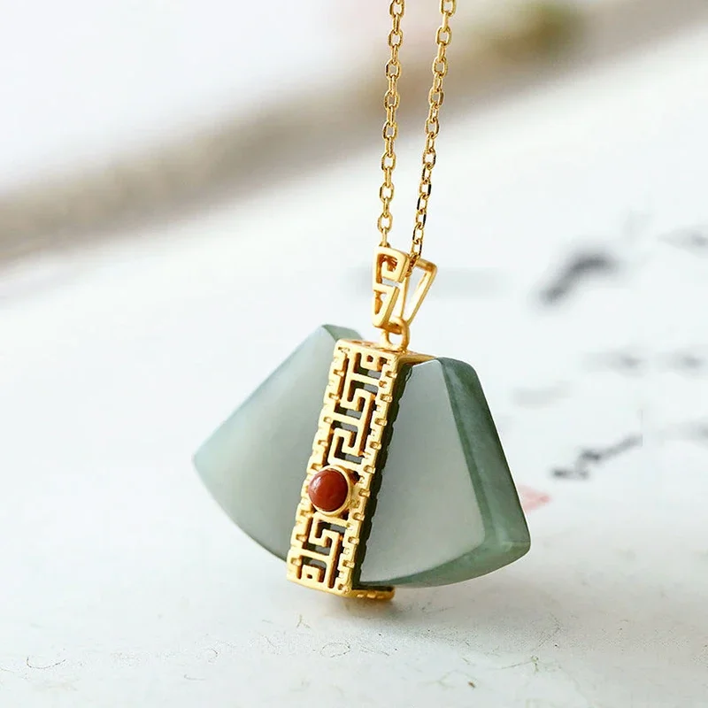 Original Designer Unique Craftsm Natural Hetian Jasper Fan-shaped Pendant Jade Necklace for Women Chinese Style Jewelry