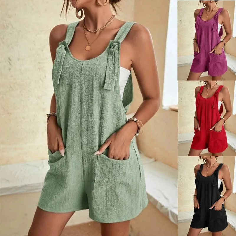 Women Summer Casual Fashion Spaghetti Strap Jumpsuit Solid Short Overalls Ladies Daily Vacation Sleeveless Rompers Outfit