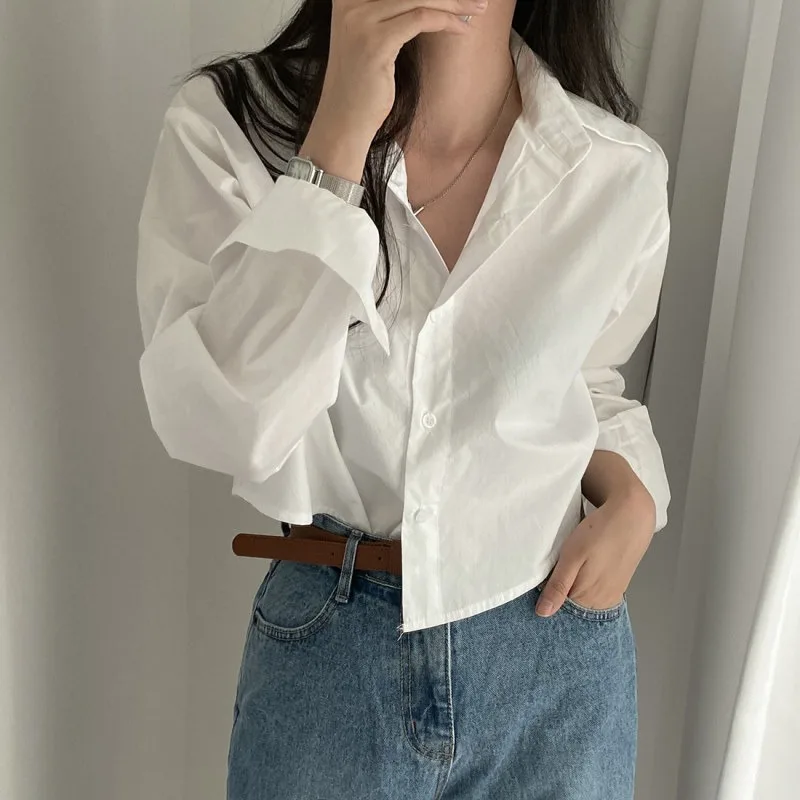 Women Fashion White Blouse Summer Harajuku Cropped Shirts Chic Elegant Long Sleeve Tops Korean Casual Loose Office Clothes 블라우스