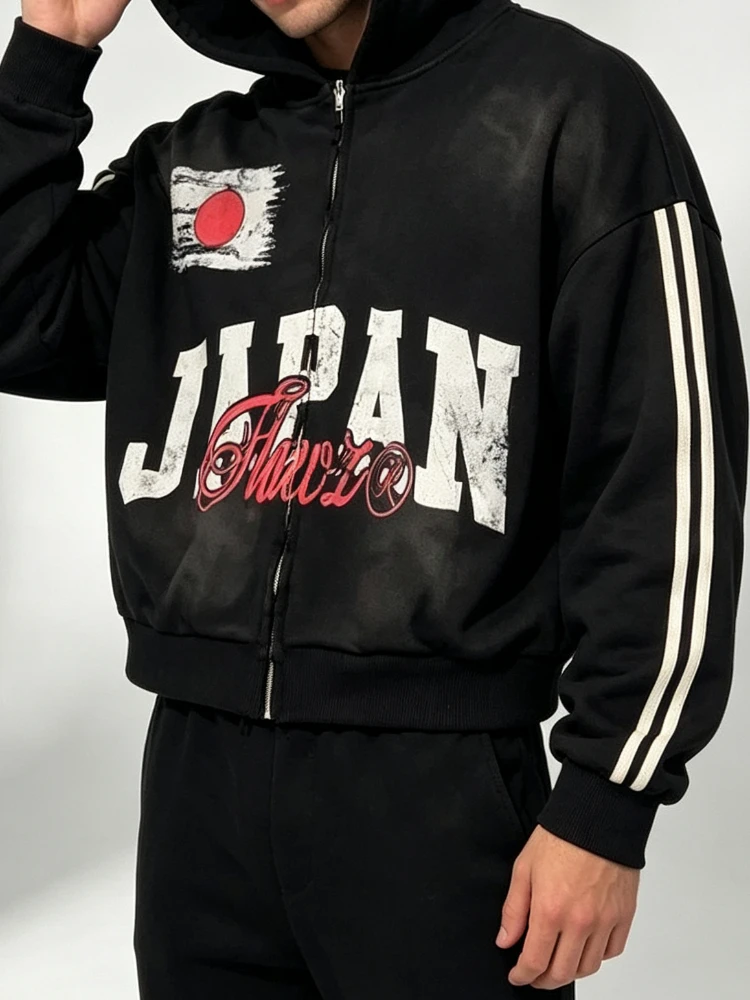 Distressed Cropped Zip Hoodie Vintage Washed Japan Logo Print Double White Stripes Sleeve Zip Up Hooded Jacket Streetwear Tops