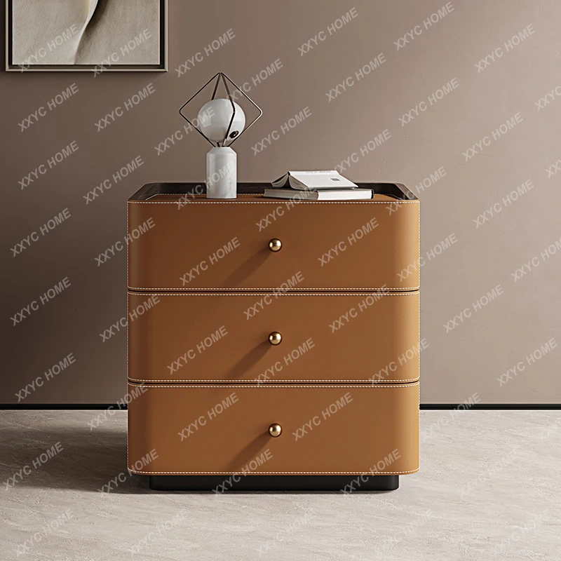 Y Light Luxury High-Grade Black Solid Wood Saddle Leather Three-Draw 60cm Bedside Storage Cabinet
