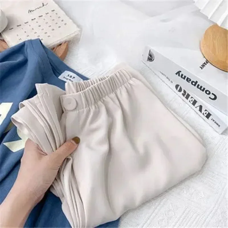 Ice Silk Chiffon High Waist Wide Leg Pants Women Summer Fashion Solid Color Casual Straight Pants Loose Thin Section Sweatpants