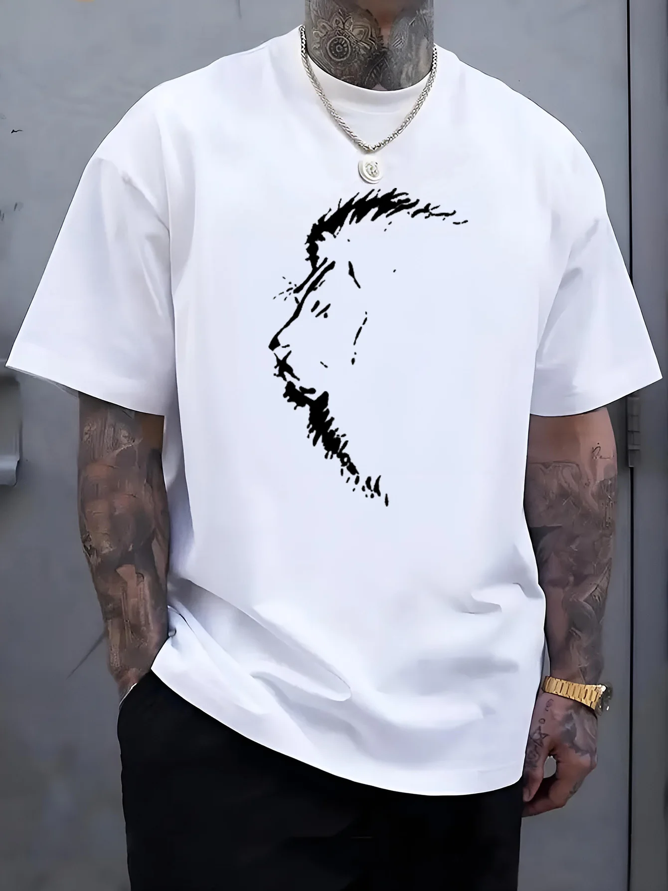 Male Black Round Neck T Shirt Distressed White Sketch Beard Man Profile Simple Monochrome Portrait Daily Soft Cotton Tees