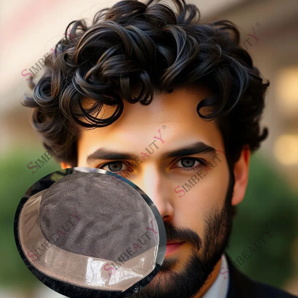 

28 мм, кудрявые, с эффектом перманентной завивки # Мужской парик-система из 100% натуральных волос, коричнево-русый, прочный, на моноленте, с швейцарским кружевом NPU, дышащий капиллярный протез