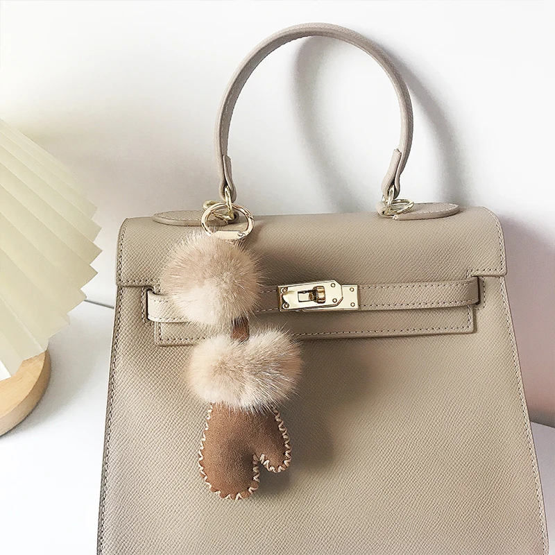 Luxury Fluffy Genuine Mink Fur Real Leather Mitten Keychain For Women Car Key Chain Bag Backpack Charm Accessories Pendant