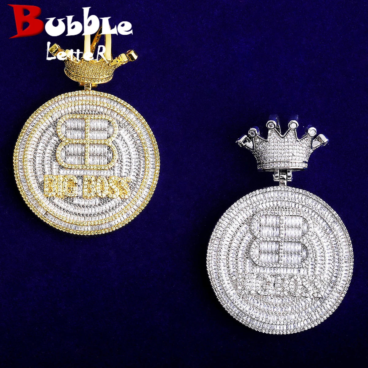 Bubble Letter Iced Out Big Boss Crown Bail Necklace Pendant for Men 5A Cubic Zirconia Gold Plated Hip Hop Jewelry