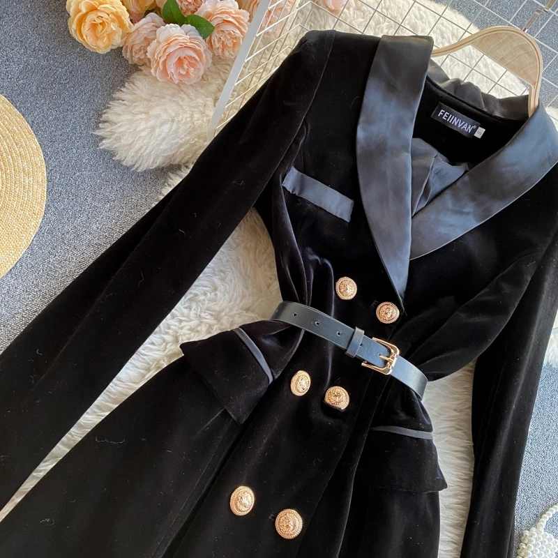 Women's Elegant Dresses 2024 New Women's Suit Collar British Style Double Breasted Slim Fit Velvet Dress