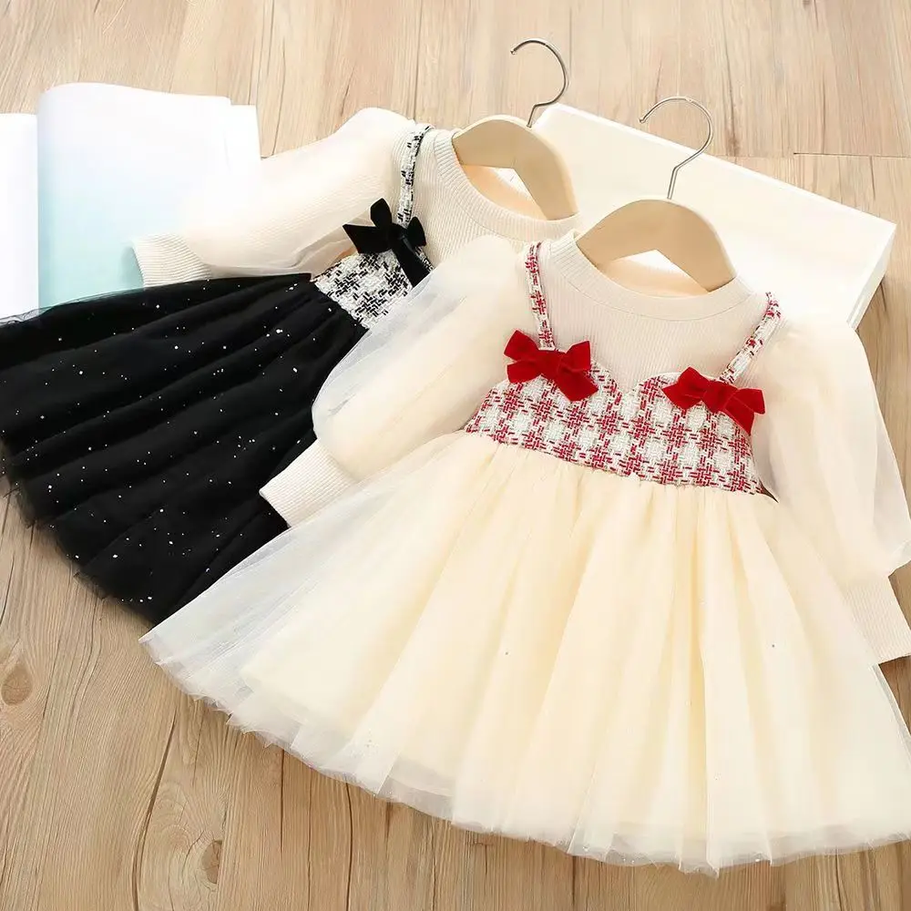 Girl\'s Long Sleeve Dresses Children Autumn Tulle Clothes Bow Kids Tutu Costume Plaid Birthday Party Wear