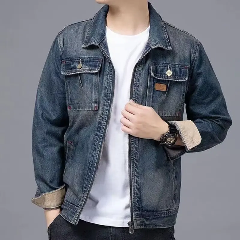 

New Men Coats Spring Autumn Zipper Lapels Denim Jackets Slim Retro Casual Motorcycle Streetwear Spliced Multi-pocket Tops Men
