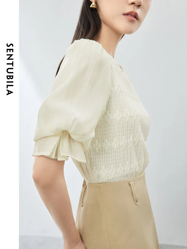 SENTUBILA Apricot Simple Round Neck Lantern Sleeve Lace Top 2024 Summer New Spliced Short Sleeve T-shirt Pullovers 142S53828