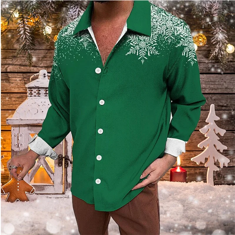 2023 Christmas Tree Theme 3D Printing Men\'s Button Lapel Fashion Long Sleeve Shirt Festival Party Top New Year Couple Streetwear