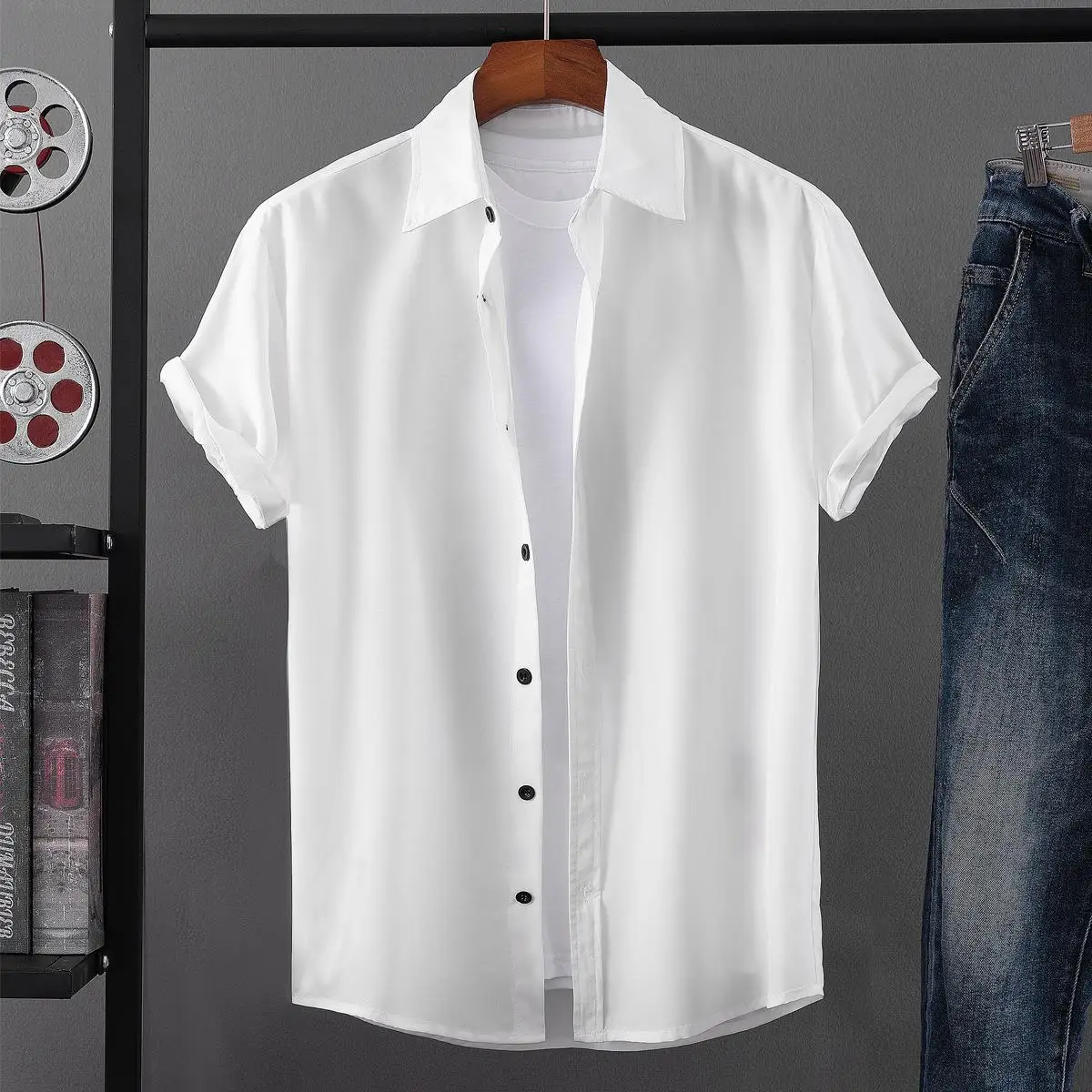 

Men's Short Sleeve Shirt British Style Printed Thin Material Deformable Short Sleeve British Style Inner Wear Pure Color