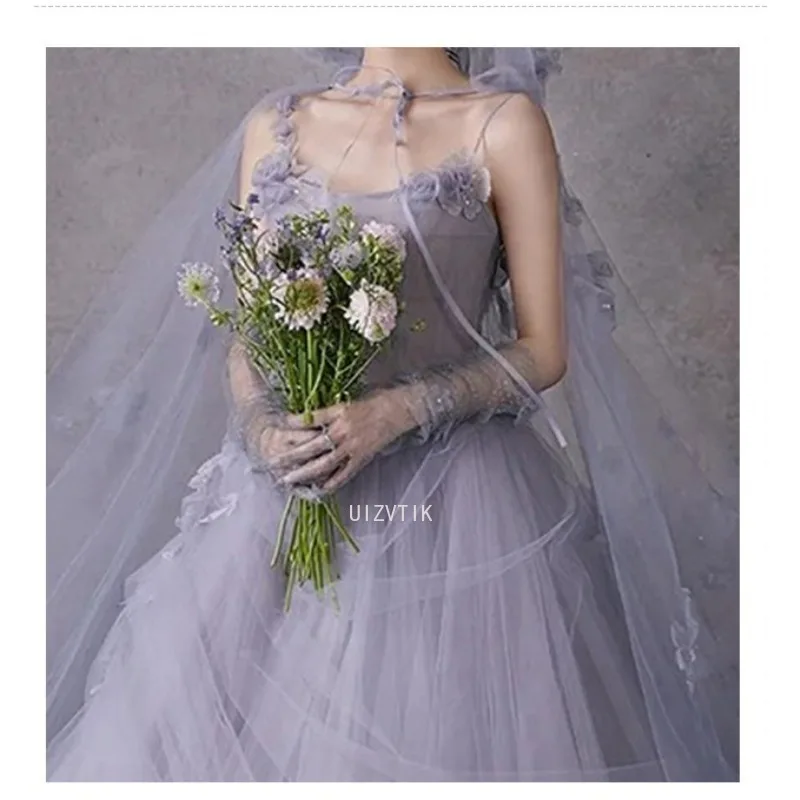 Puple Einfache Korea Lange Brautkleider Frauen Sexy Spaghetti-trägern Applique Fotos Schießen Brautkleid Elegantes A-Linie Prom Kleid