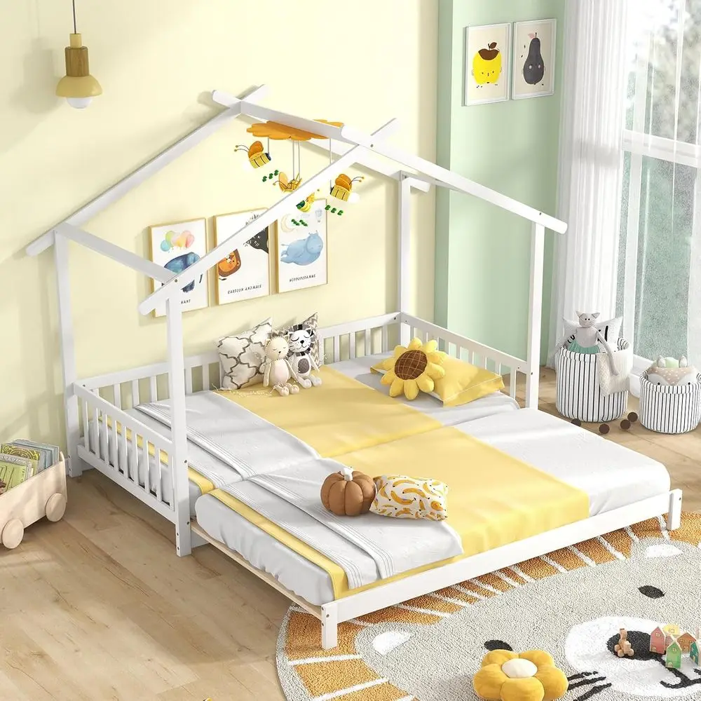 

Wood House Bed for Kids, Twin to King Extendable Daybed with Roof & Fence Rails, Suitable for Teens, Boys & Girls, Twin Floor Da
