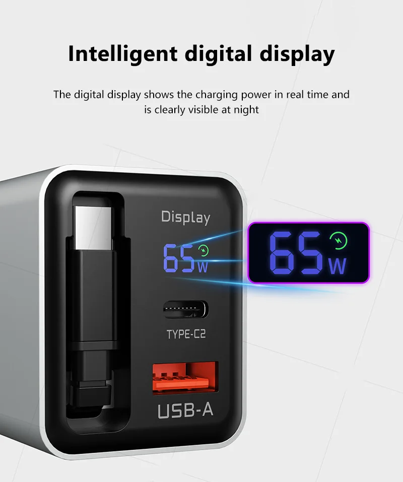 65W Digital-Display-Ladegerät, Multi-Port-Ladeadapter, US- und UK-Stecker, einziehbares Kabel, GaN-Schnellladegerät für Apple-Geräte – Detail 6
