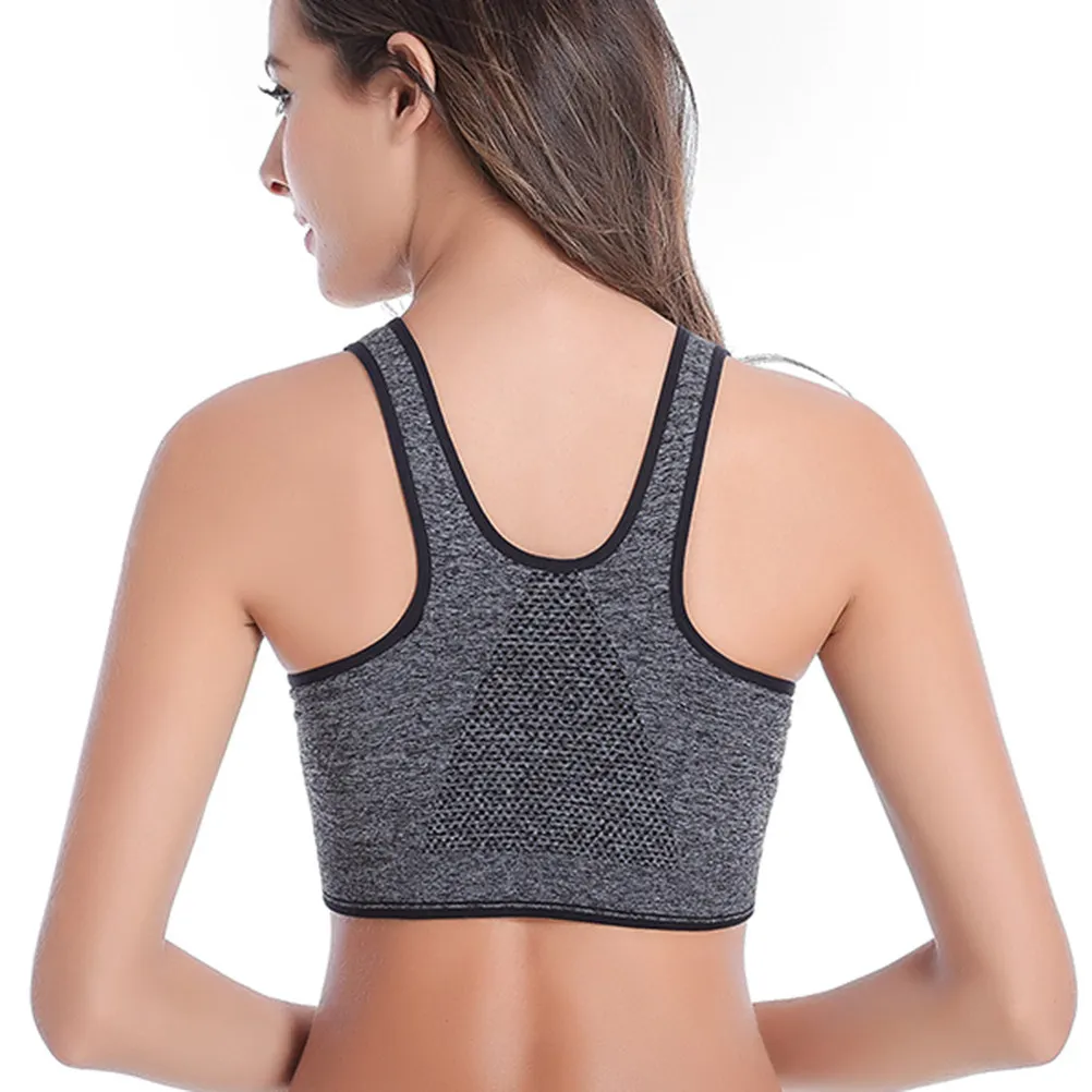 Sports Bra Front Zipper Grey Size S Shockproof No Steel Ring Breathable Running Yoga Fitness High Impact Padded