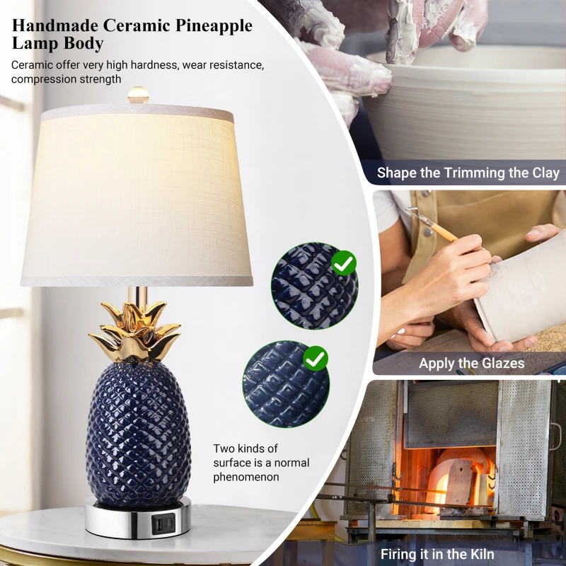 22 Inch Pineapple Set Of 2 3 Way Dimmable Ceramic Lamp Navy Blue Modern Living Room Lamp With USB Port Coastal Tall Table Lamps
