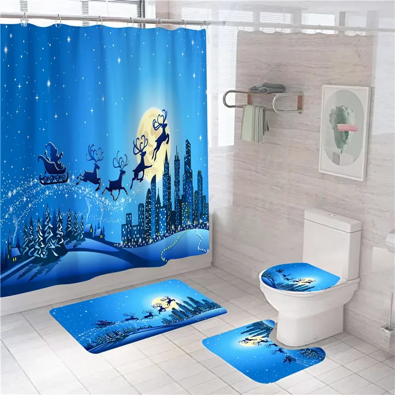 Blue Cartoon Santa Printed Christmas Shower Curtain Set Bathroom Decor Elk Toilet Bath Mat Rugs Carpets WC Accessories