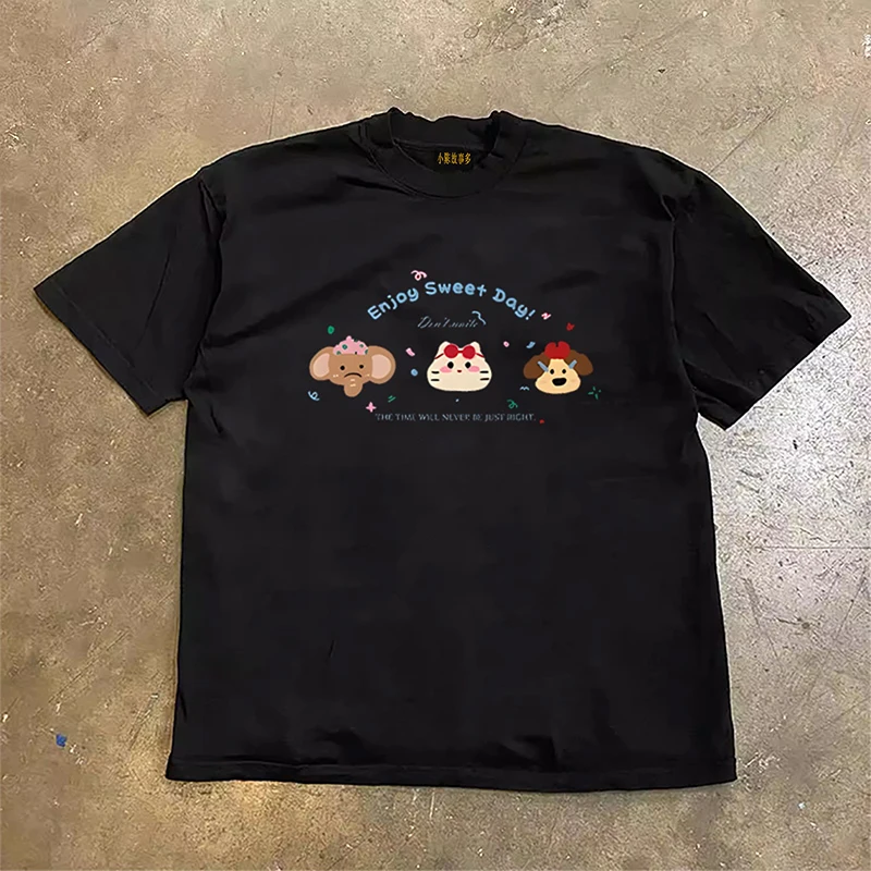 

Pure Cotton Short Sleeve T-Shirt Men's Loose Fit American Retro Style Heavyweight Couple's Tee by Xiao Chen Story Multi