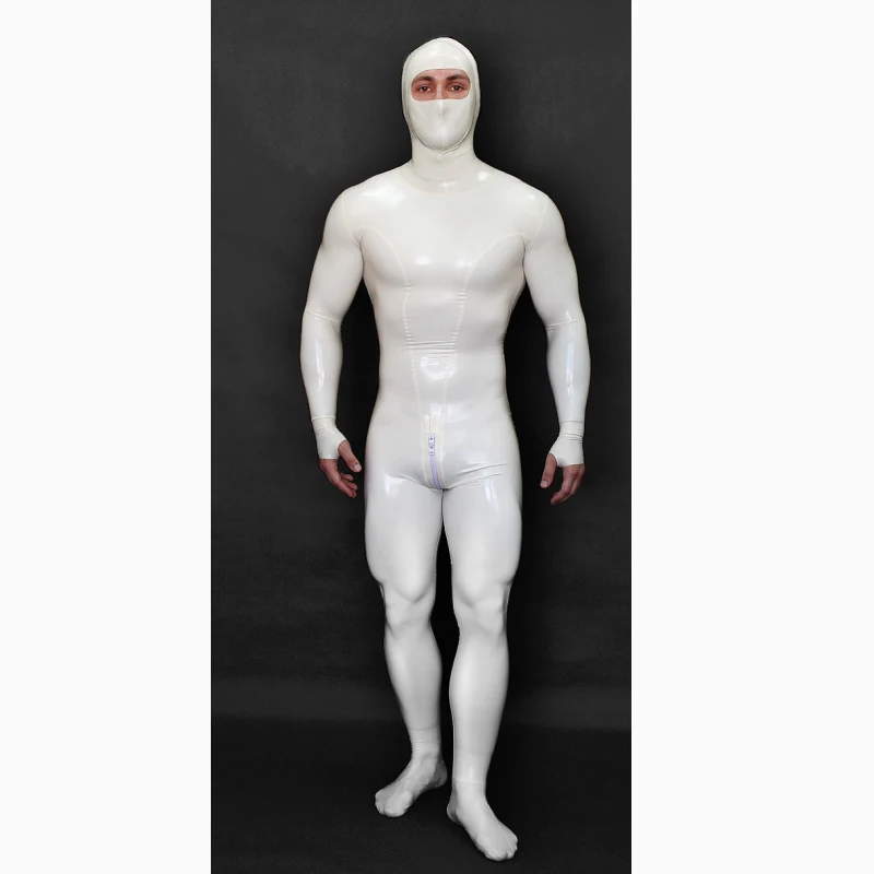 Men\'s White Full Body Latex Catsuit Eyes Entry Rubber Bodysuit Half Gloves Finger Ring Style with Crotch Zip