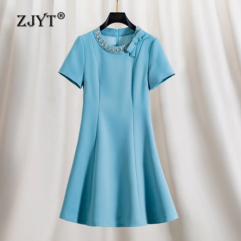 

ZJYT Runway Fashion Women's Summer Dress 2024 Elegant Beading Bowknot O Neck Mini Party Dresses Solid Casual Vestidos Cortos