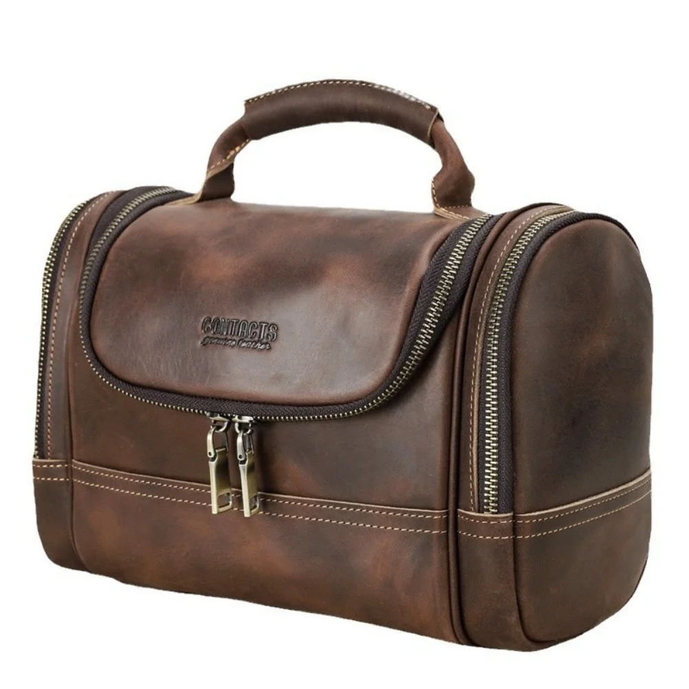 Men Genuine Leather Travel Business Toiletry Shaving Bag Men Retro Cosmetic Washing Shower Organizer Handbag Large Capacity