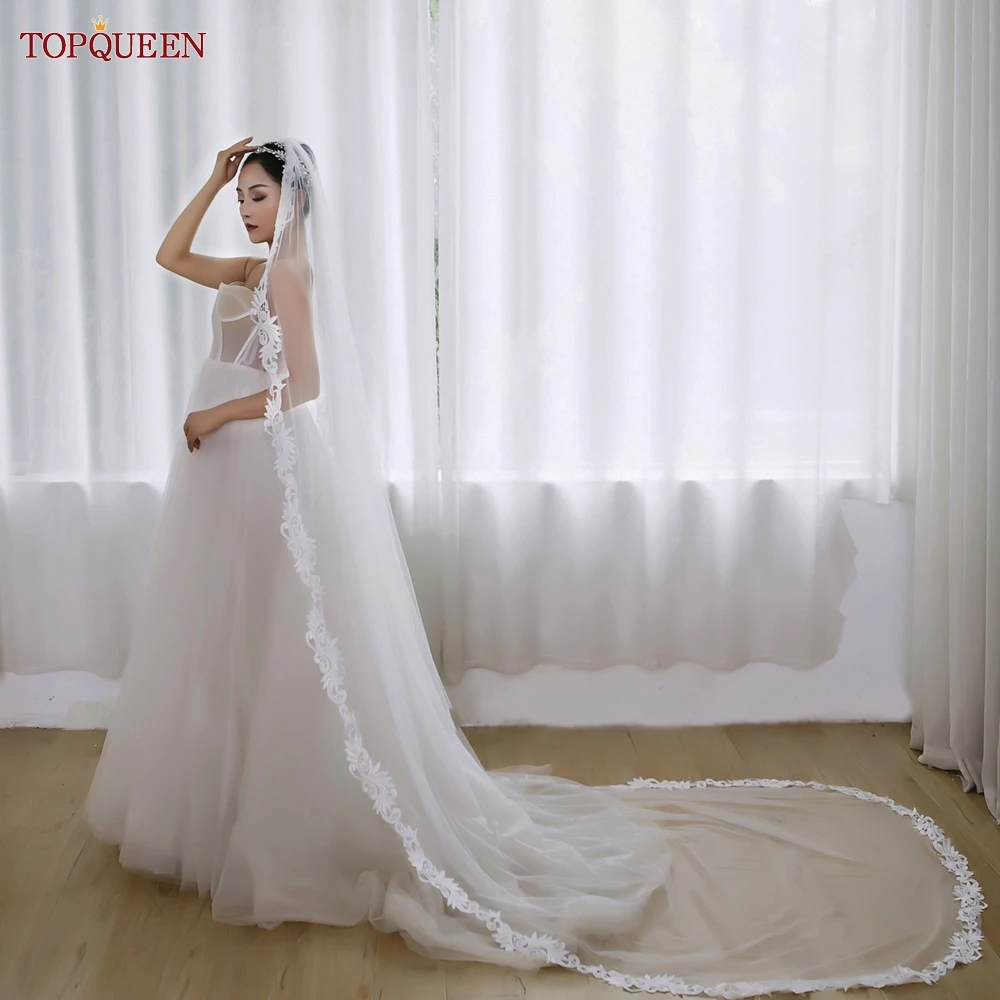 TOPQUEEN 클래식 자수 레이스, 멀티 사이즈 신부 베일, 부드러운 나일론 얇은 명주 그물, 긴 교회 웨딩 베일, 웨딩 드레스 액세서리 V81