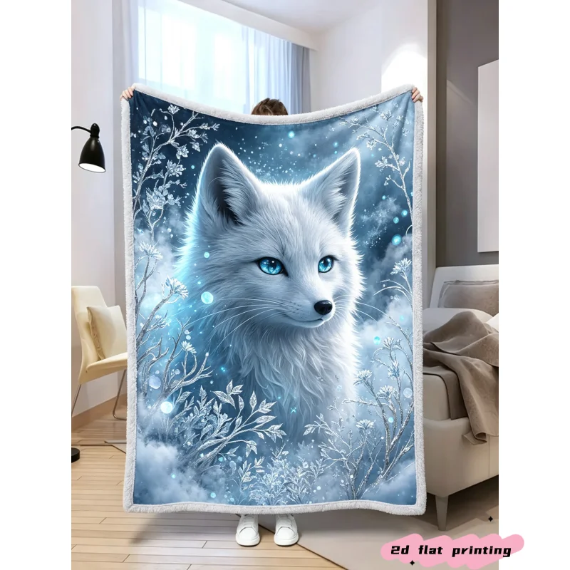 Mystic Arctic Fox Throw Blanket Bright Blue Eyes Frost Branches Snowy Winter Fantasy Wildlife Art Graphic Blanket for Bedroom