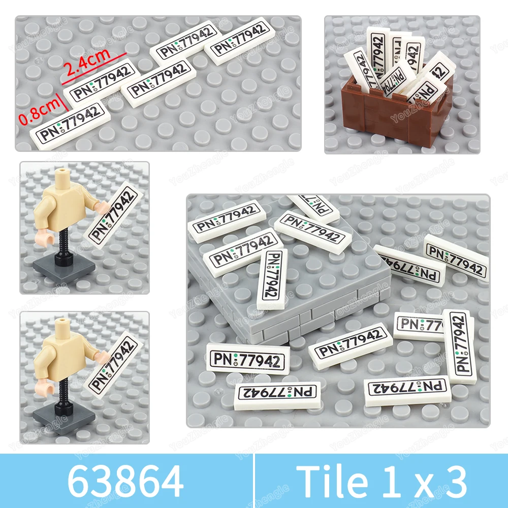 

License Plate PN77942 Pattern 63864 Building Block Printed 1x3 Tiles Parts MOC Figures Car Equipment Scene Model Gifts DIY Toys