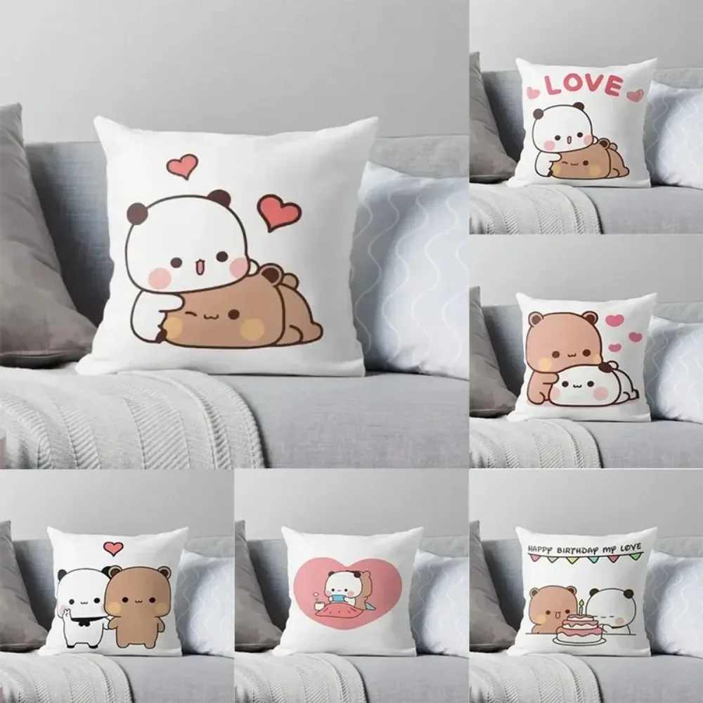 Panda Bear Hug Bubu Dudu Polyester Peach Square Pillowcase Polyester Velvet Printed Zipper Decor Room Cushion Cover 45x45cm