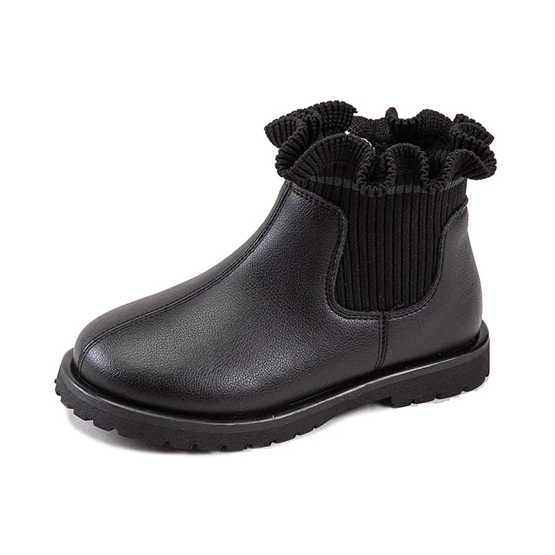 Girls Boots Fashio Knitted Ankle Boots Autumn Winter Soft Leather Slip on Kids Shoes Princess Non-slip Plush Snow Boots ботинки