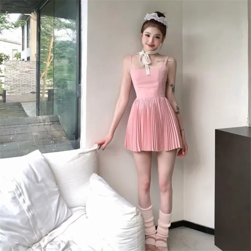 Y2k Hotsweet Girl Pleated Little Pink Dress Sleeveless Fashion Slash Neck Ballet Strap Dress Summer Sexy Suspender Mini Dress