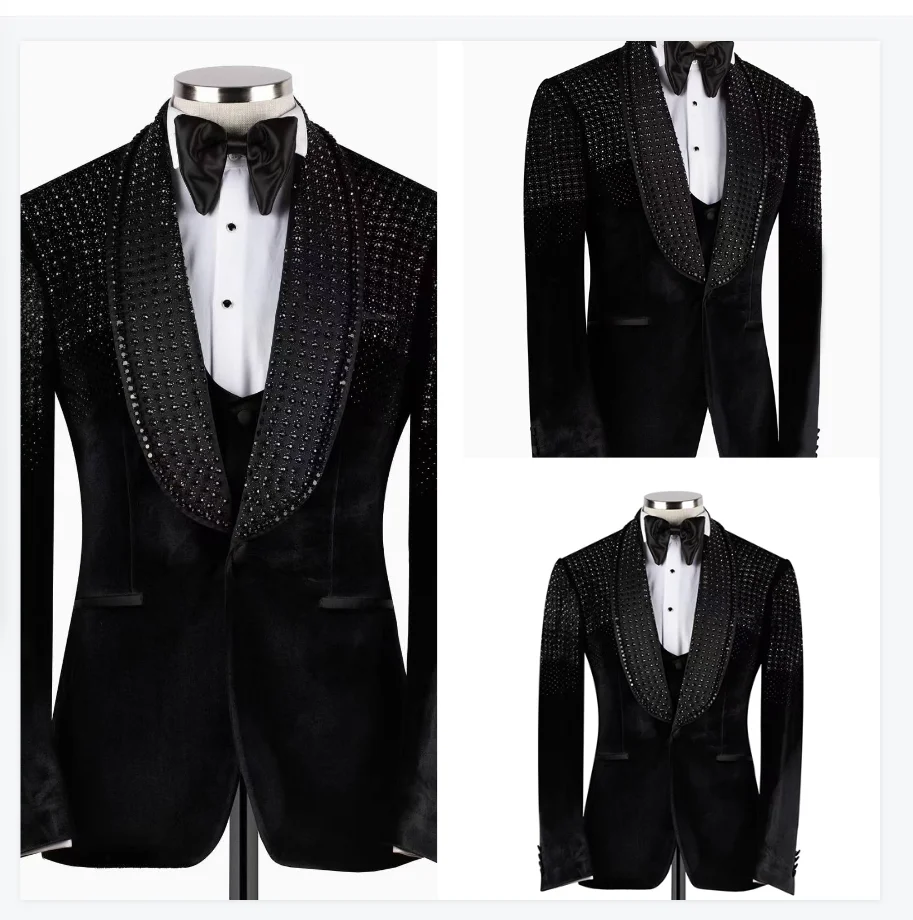 

Velvet Crystals Men Suit Set 2 Piece Wedding Tuxedo Black Jacket Blazer Pant Formal Office Business Party Coat Customized