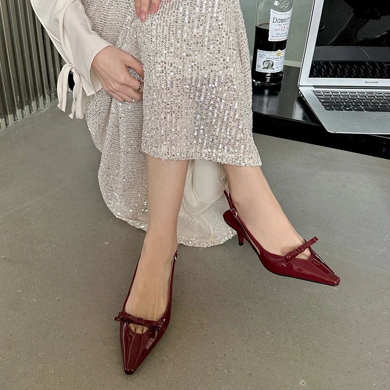 

Black Pumps Women Shoes Sexy Pointed Toe Slingback High Heels Comforts Low Heel Ladies Office Shoes Bow Summer Wine Red Shoes