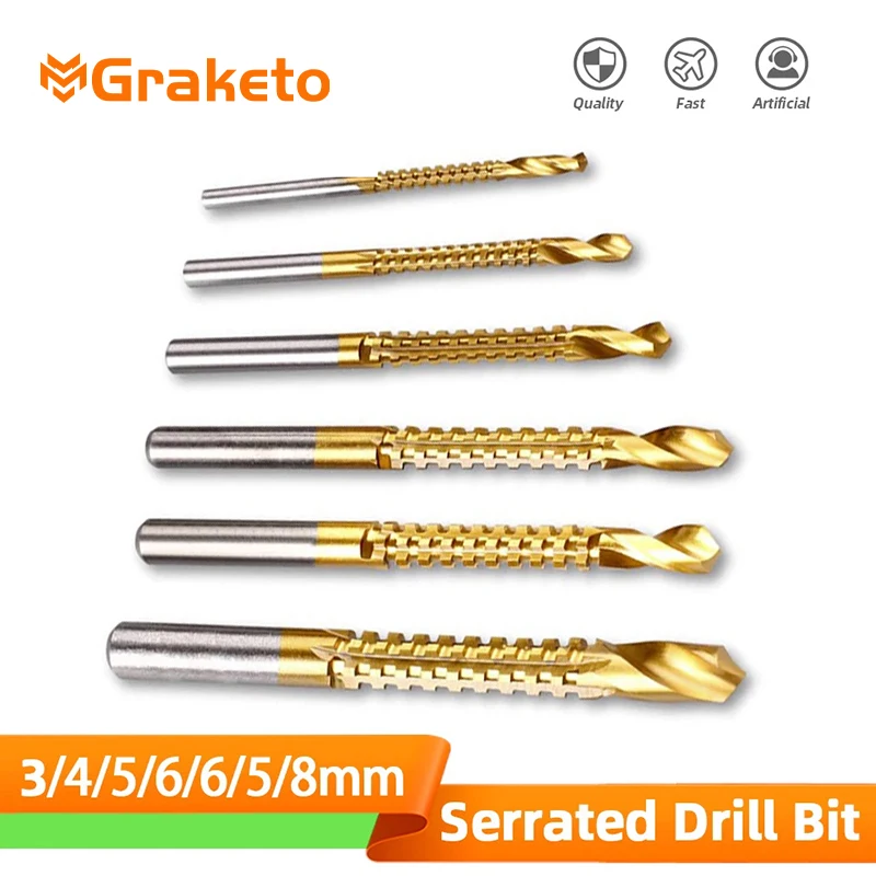 6PCS Sawtooth Drill Bit Pulling Groove Opening Slotted Pulled Cutting Electric Drill Tool Set 3/4/5/6/6.5/8mm