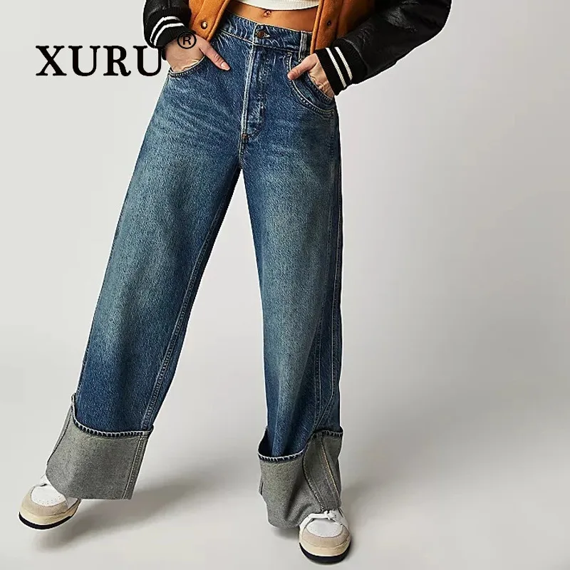 XURU - New Women's Retro Washed Mid Waist Jeans, Y2k Clothing Slimming Rolled Edge Loose Long Jeans, Men's Pants