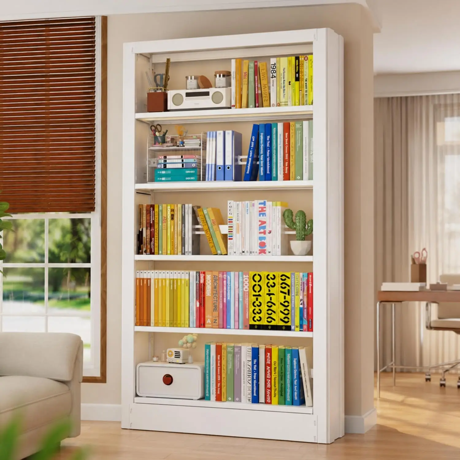 71in White Metal Bookshelf 5-Tier Heavy Duty Adjustable Shelves Tool-Free Assembly Wide Rack for Living Room Office Library, Cus