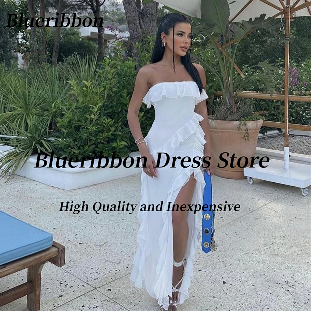 

Blueribbon Ruffles Side Slit Prom Dresses Summer Ladies Wear Strapless Robe Des Cocktail Party Sexy Back Birthday Evening Gowns