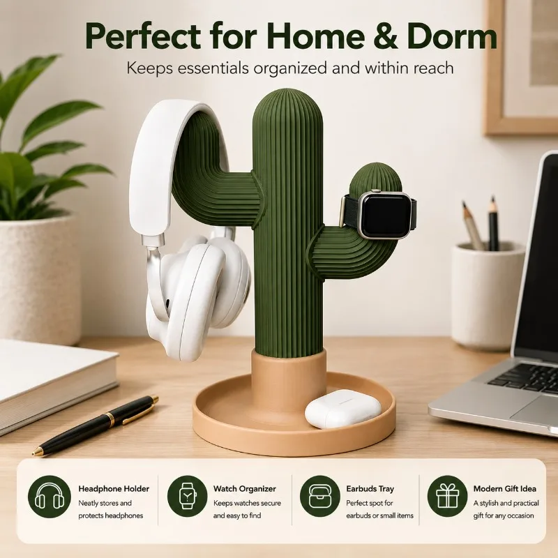 Minimalist Cactus Headset Stand Multi Use Desktop Organizer for Headphones Watch Earbuds Student Dorm Bedroom Office Storage view 5