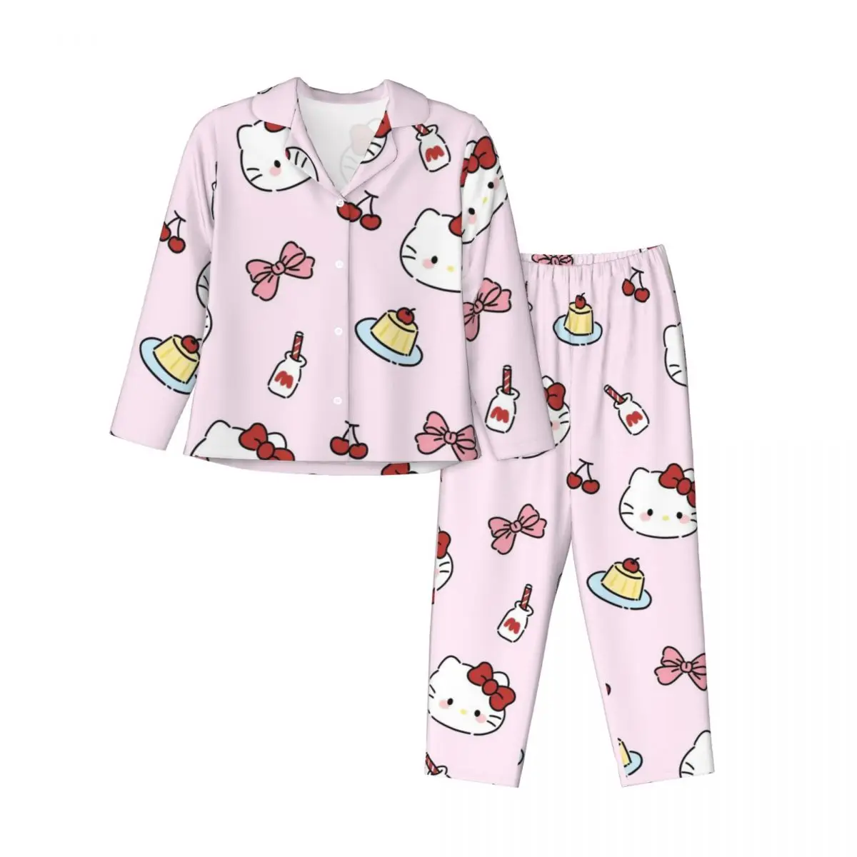 Conjunto de pijamas femininos fofos Hello Kitty conjunto de 2 peças para mulheres terno casual de manga comprida