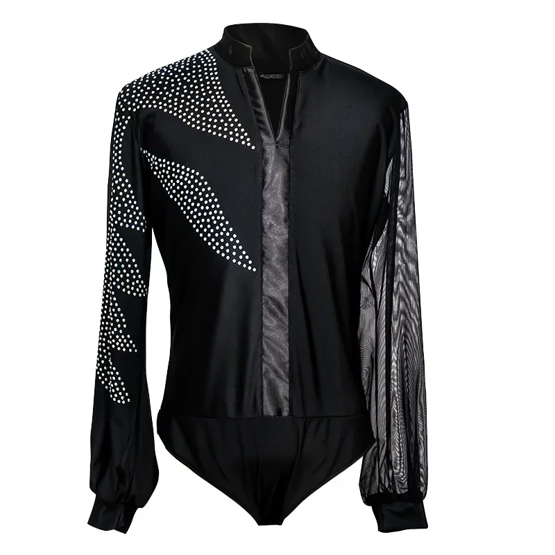 Latin Dance Shirts Men Rhinestone Net Yarn Long Sleeve Competition Men's Dance Top Rumba Samba Dancewear Mens