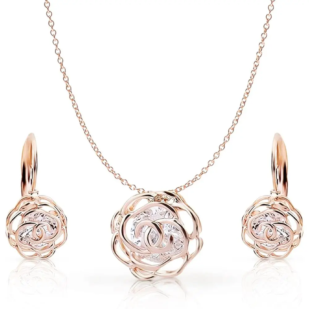 

18K Gold-Plated White Crystal Rose Flower Klace & Earrings Set for Women's Wedding & Party Accessories