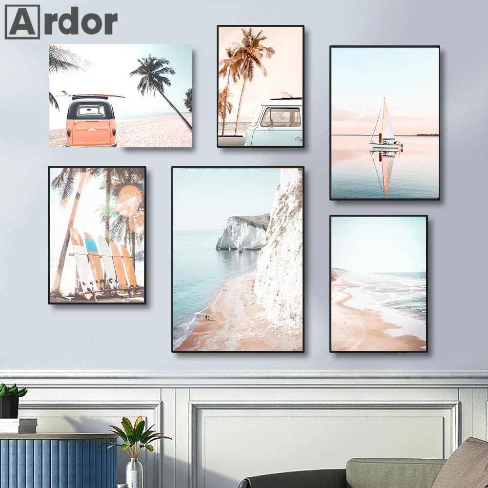 Tropical Sea Palm Tree Bus Landscape Surfboard Art Poster Nordic Canvas Painting Quotes Print Wall Pictures Living Room Decor