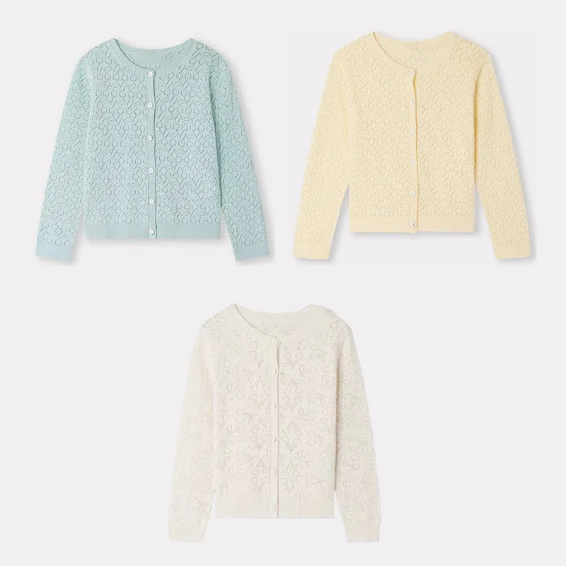 BP2026 Spring New Combed Cotton Thin Cardigan For Kids Cherry Hollow Knitted Shirt Baby Air Conditioning Shirt