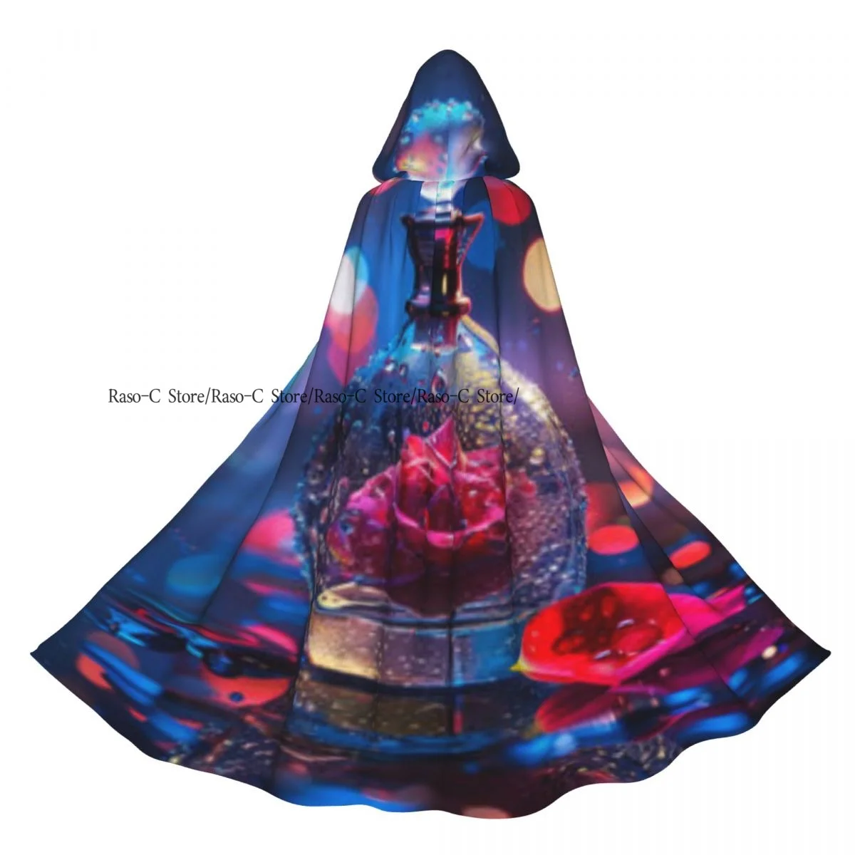 

Long Cape Cloak Perfume Bottle And Rose With Water Droplets Hooded Cloak Coat Autumn Hoodies